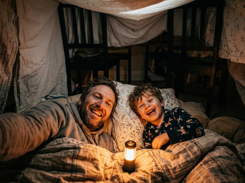 Dad and son laughing in a blanket fort at night